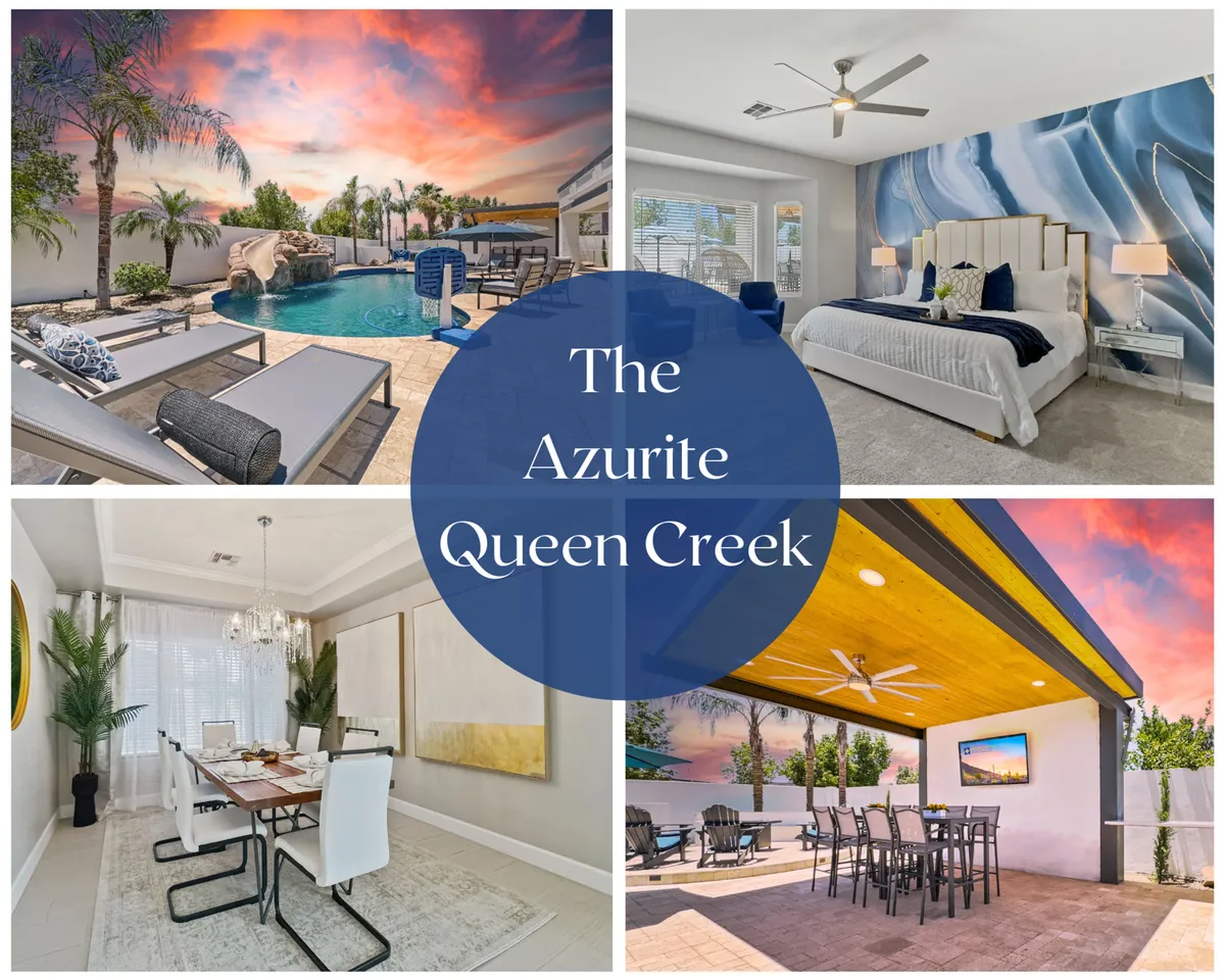 The image showcases the stunning backyard of a modern single-family home in Queen Creek, Arizona, featuring a sparkling heated pool with an exciting waterslide, surrounded by inviting lounge chairs and an elegant outdoor dining area. The space is bathed in warm sunset light, evoking a sense of relaxation and luxury, with areas designed for swimming, dining, and unwinding with family or friends.